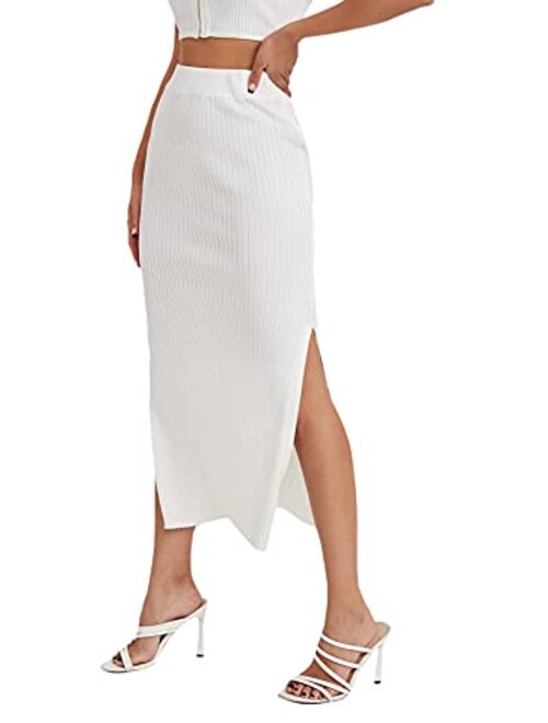 SweatyRocks Women's Casual High Waist Solid Split Side Rib Knit Midi Skirt