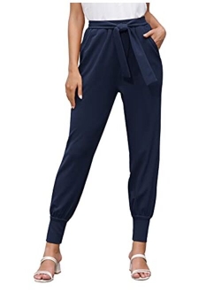 Women's Casual Pants High Waist Self Tie Loose Pants with Pockets