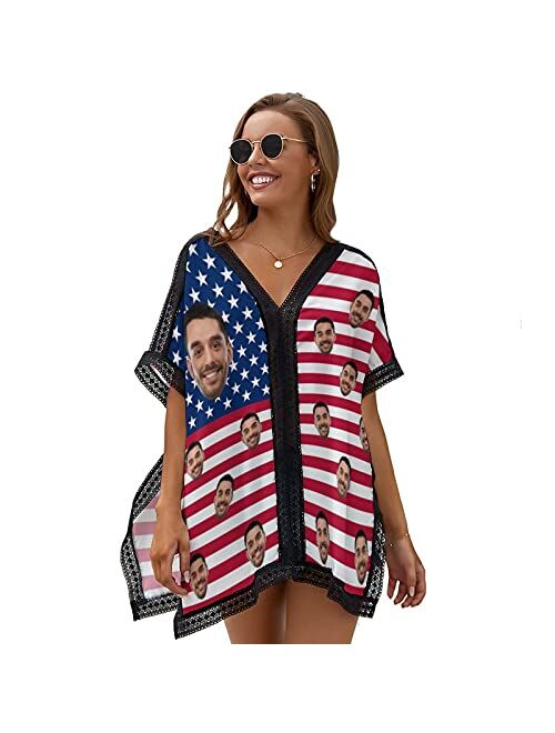 Interestprint Custom Face Women's Bikini Swimsuit Cover Up American Flag Personalized Bikini Swimwear Beach Cover Up