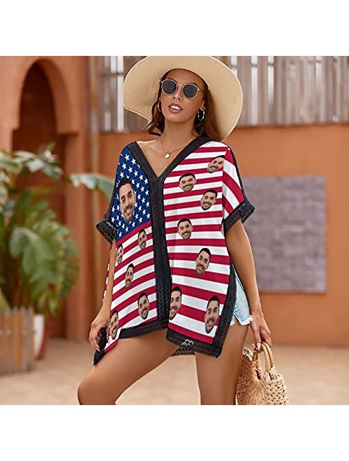 Interestprint Custom Face Women's Bikini Swimsuit Cover Up American Flag Personalized Bikini Swimwear Beach Cover Up