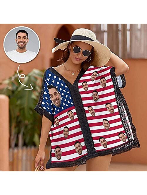 Interestprint Custom Face Women's Bikini Swimsuit Cover Up American Flag Personalized Bikini Swimwear Beach Cover Up