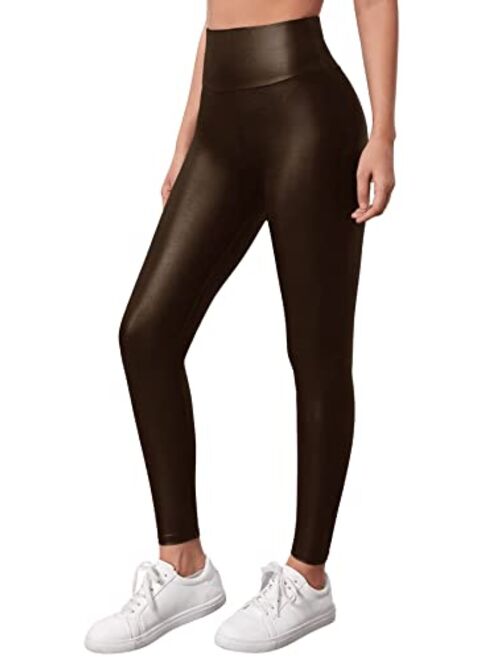 SweatyRocks Women's Casual Faux Leather Leggings High Waisted Stretchy Pants