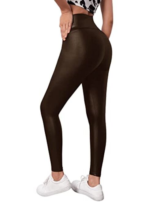 SweatyRocks Women's Casual Faux Leather Leggings High Waisted Stretchy Pants