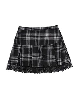 Women's Plaid Lace Trim Pleated Flared A Line Mini Short Skirt