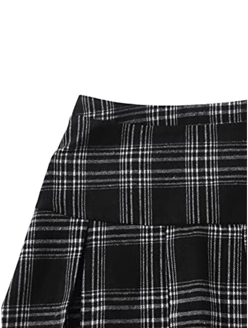 SweatyRocks Women's Plaid Lace Trim Pleated Flared A Line Mini Short Skirt