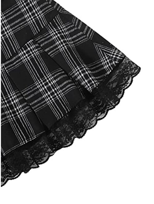 SweatyRocks Women's Plaid Lace Trim Pleated Flared A Line Mini Short Skirt