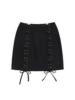 Women's Casual High Waist Eyelet Lace Up Straight Bodycon Mini Skirt