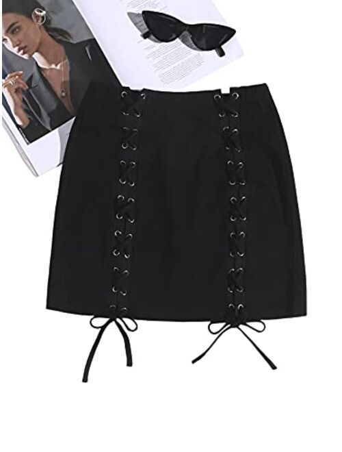 SweatyRocks Women's Casual High Waist Eyelet Lace Up Straight Bodycon Mini Skirt
