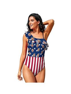 Interestprint Custom Face Personalized Independence Day Shoulder Ruffle Swimsuit American Flag