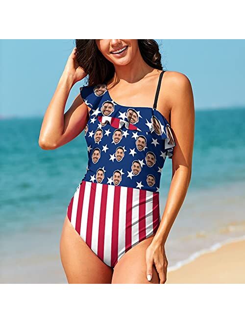 Interestprint Custom Face Personalized Independence Day Shoulder Ruffle Swimsuit American Flag