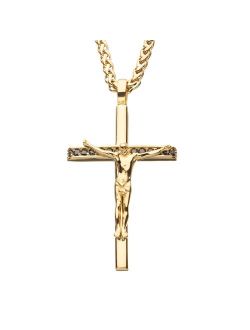 Men's Gold IP with CZ Crucifix Cross Pendant Necklace