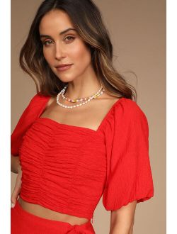 Sweet Desires Red Ruched Puff Sleeve Crop Top