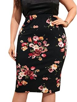 Women's Plus Size Elegant Floral Print Elastic Waist Midi Pencil Skirt