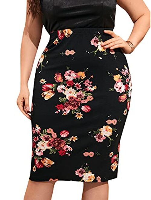 Milumia Women's Plus Size Elegant Floral Print Elastic Waist Midi Pencil Skirt