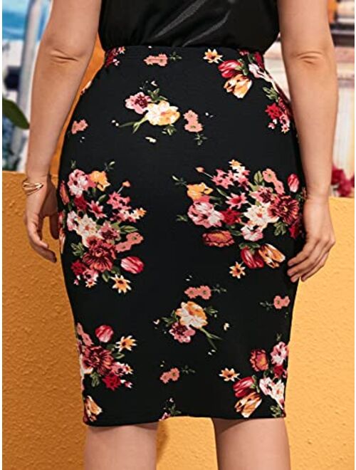 Milumia Women's Plus Size Elegant Floral Print Elastic Waist Midi Pencil Skirt