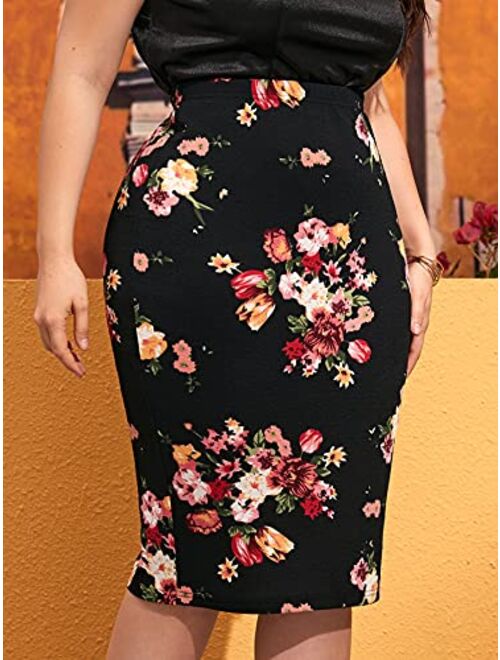 Milumia Women's Plus Size Elegant Floral Print Elastic Waist Midi Pencil Skirt