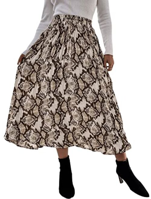 SweatyRocks Women's High Waist Leopard Print Elegant A Line Pleated Midi Skirt
