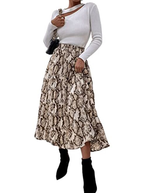 SweatyRocks Women's High Waist Leopard Print Elegant A Line Pleated Midi Skirt