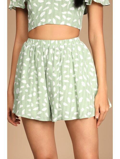 Lulus Spring to It Sage Green Dotted Off-the-Shoulder Two-Piece Romper