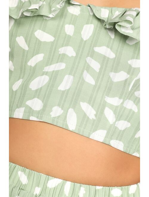 Lulus Spring to It Sage Green Dotted Off-the-Shoulder Two-Piece Romper