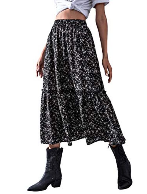 Milumia Women Ditsy Floral Print High Waist Skirt Frill A Line Flared Long Skirt