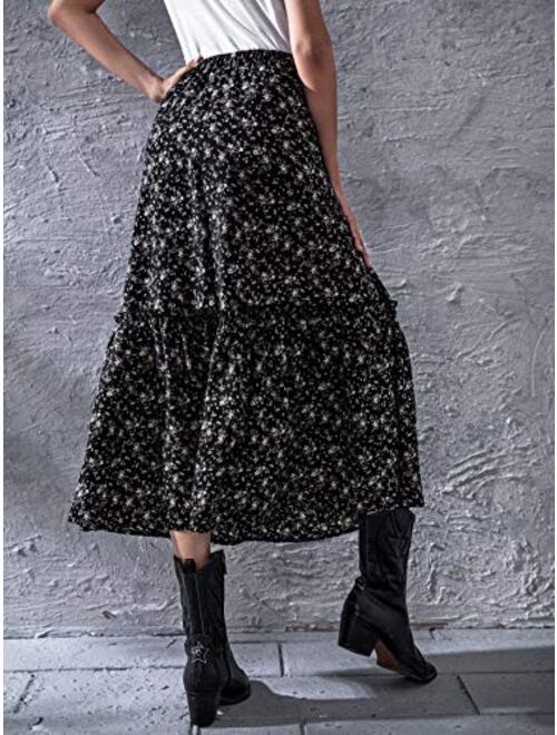 Milumia Women Ditsy Floral Print High Waist Skirt Frill A Line Flared Long Skirt