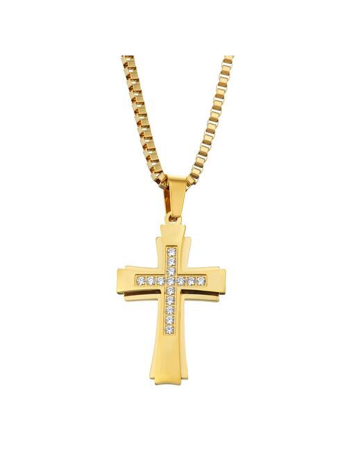 Men's Gold Tone Stainless Steel Cubic Zirconia Cross Pendant Necklace