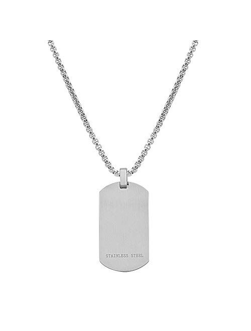 Geoffrey Beene Stainless Steel Men's Engravable Dog Tag Pendant Box Chain Necklace with Cubic Zirconia Stone