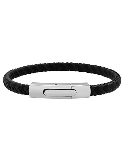 Men's Braided Genuine Leather Fashion Bangle Bracelet with Stainless Steel Clasp