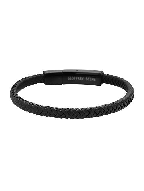 Geoffrey Beene Men's Braided Genuine Leather Fashion Bangle Bracelet with Stainless Steel Clasp