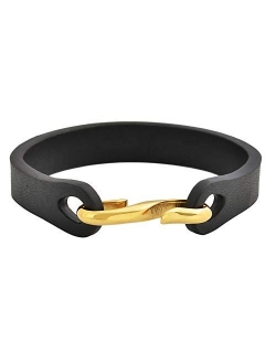 Men's Leather and Stainless Steel Hook Closure Bracelet