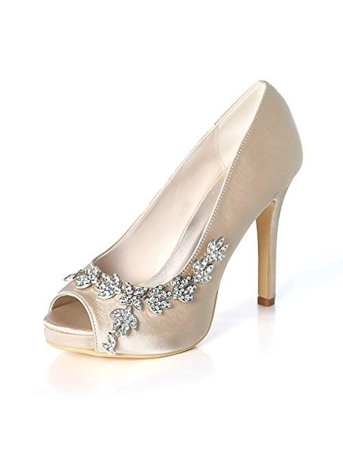 LLBubble Women High Heels Platform Satin Wedding Shoes Peep Toe Crystals Bridal Pumps Formal Party Dress Shoes-Royal