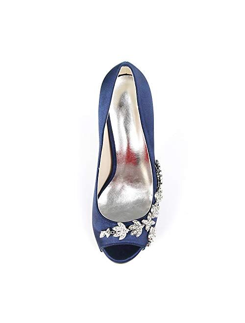 LLBubble Women High Heels Platform Satin Wedding Shoes Peep Toe Crystals Bridal Pumps Formal Party Dress Shoes-Royal