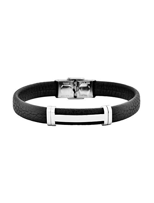 Geoffrey Beene Men's Genuine Leather Bracelet with Stainless Steel Cut-Out ID