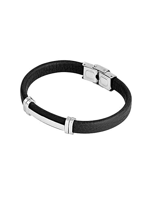 Geoffrey Beene Men's Genuine Leather Bracelet with Stainless Steel Cut-Out ID
