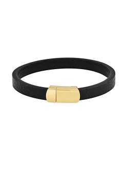 Men's Genuine Pebbled Leather Bracelet with Stainless Steel Magnetic Closure