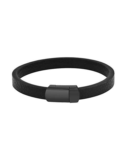 Geoffrey Beene Men's Genuine Pebbled Leather Bracelet with Stainless Steel Magnetic Closure