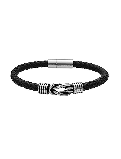 Geoffrey Beene Men's Braided Genuine Leather Knot Bracelet with Stainless Steel Magnetic Closure