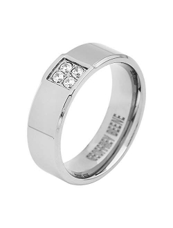 Mens Comfort Fit Stainless Steel Ring Wedding Band with 4 Cubic Zirconia Stones