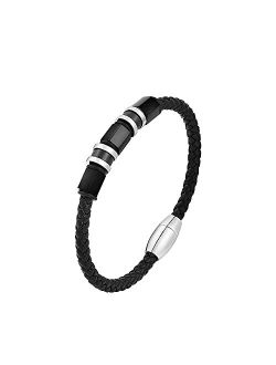 Men's Black Braided Leather Bracelet Wristband with Stainless Steel Ornaments