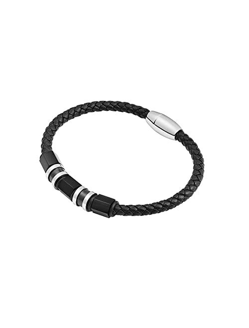 Geoffrey Beene Men's Black Braided Leather Bracelet Wristband with Stainless Steel Ornaments