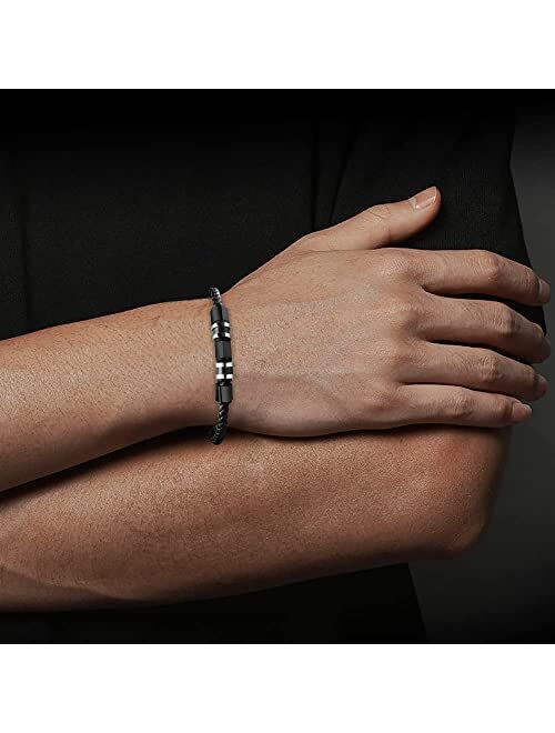Geoffrey Beene Men's Black Braided Leather Bracelet Wristband with Stainless Steel Ornaments