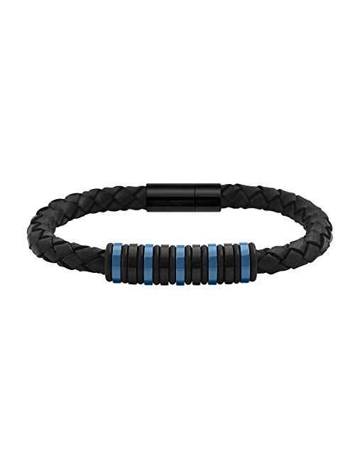 Geoffrey Beene Men's Genuine Braided Leather Bracelet with Stainless Steel Rubber Ornaments