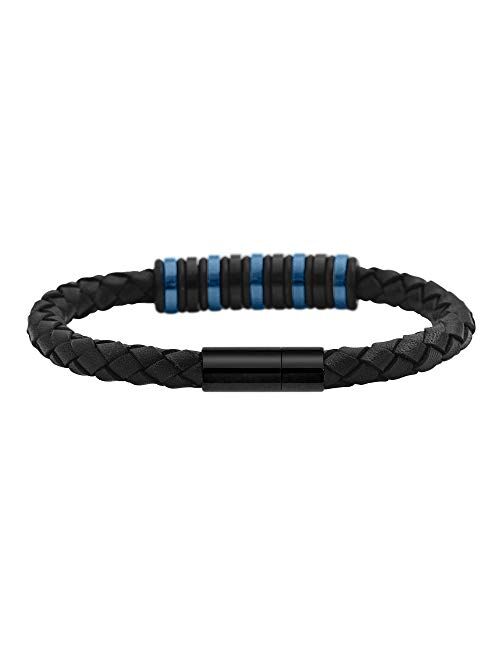 Geoffrey Beene Men's Genuine Braided Leather Bracelet with Stainless Steel Rubber Ornaments