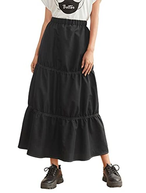 SweatyRocks Women's Casual Solid Longline Pleated Long Skirt