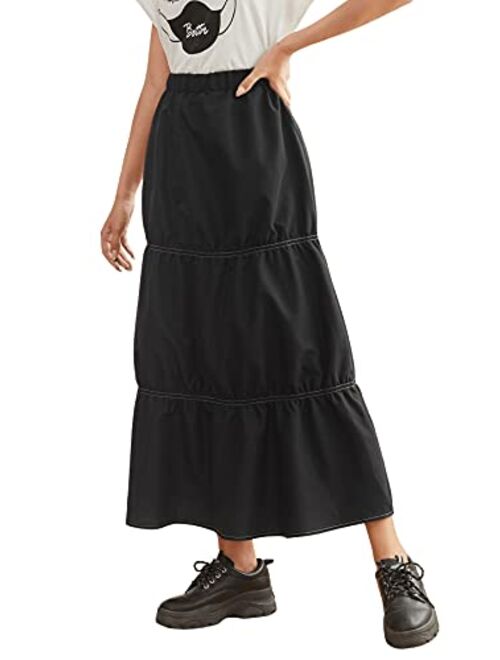 SweatyRocks Women's Casual Solid Longline Pleated Long Skirt