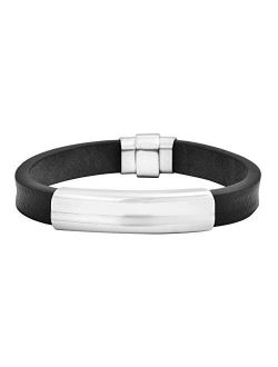 Men's Genuine Leather Bracelet with Stainless Steel ID Plate and Magentic Closure
