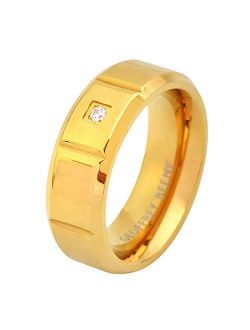 Mens Comfort Fit Grooved Stainless Steel Ring Wedding Band with Cubic Zirconia Stone