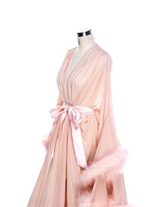 Molisa Women's Sexy Feather Bridal Robe Long Wedding Scarf Illusion Bathrobe Sleepwear Lingerie Robe Nightgown
