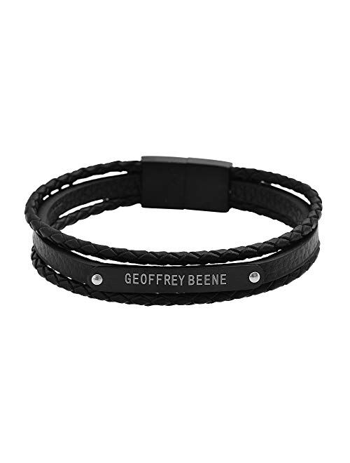 Geoffrey Beene Men's Multi-Strand Braided Genuine Leather Wheat Chain Stainless Steel ID Bracelet with Magnetic Closure